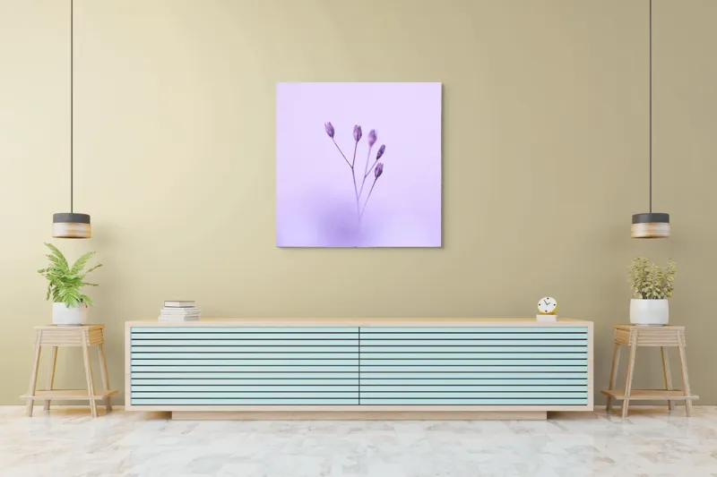 Tablou Canvas, "Dansul delicat al florilor mov", Plante, Subtil, Delicat, Pastel, Liniște, Minimalism, Fragilitate, Natură, 100 x 100 cm – poza 5