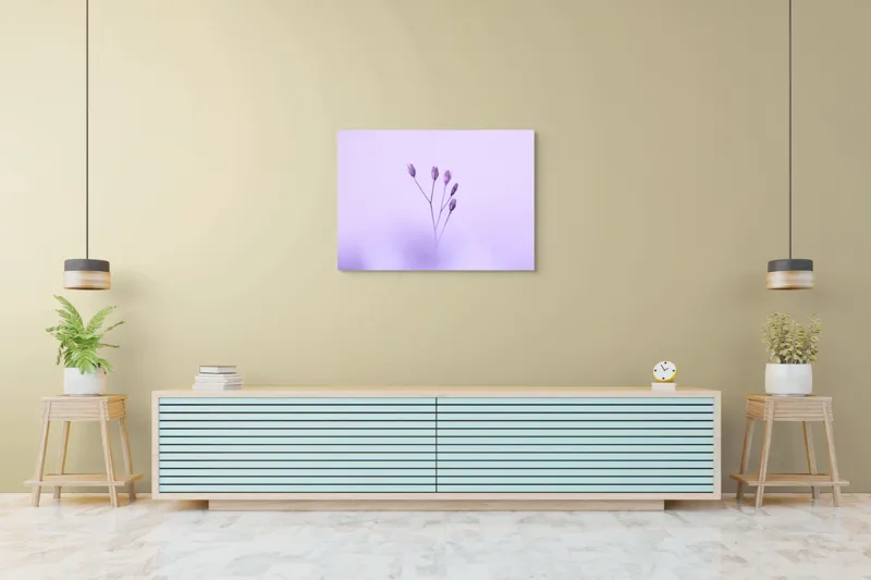 Tablou Canvas, "Dansul delicat al florilor mov", Plante, Subtil, Delicat, Pastel, Liniște, Minimalism, Fragilitate, Natură, 100 x 70 cm – poza 4