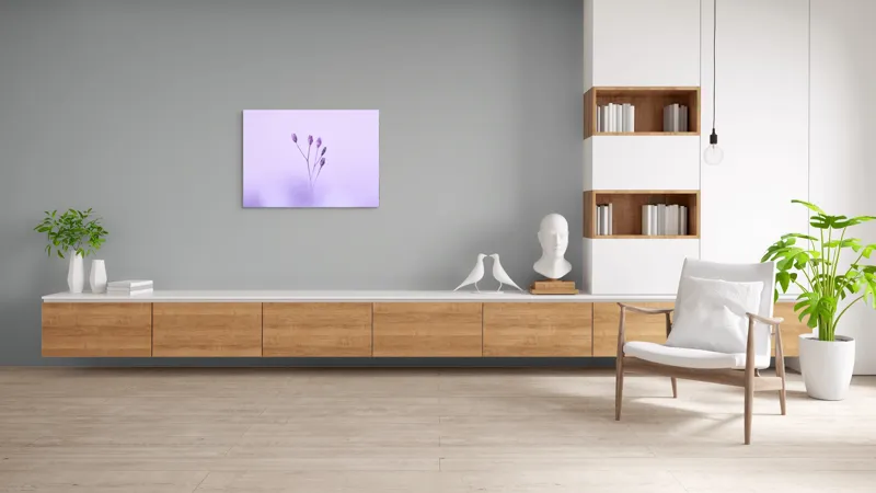 Tablou Canvas, "Dansul delicat al florilor mov", Plante, Subtil, Delicat, Pastel, Liniște, Minimalism, Fragilitate, Natură, 100 x 70 cm – poza 6