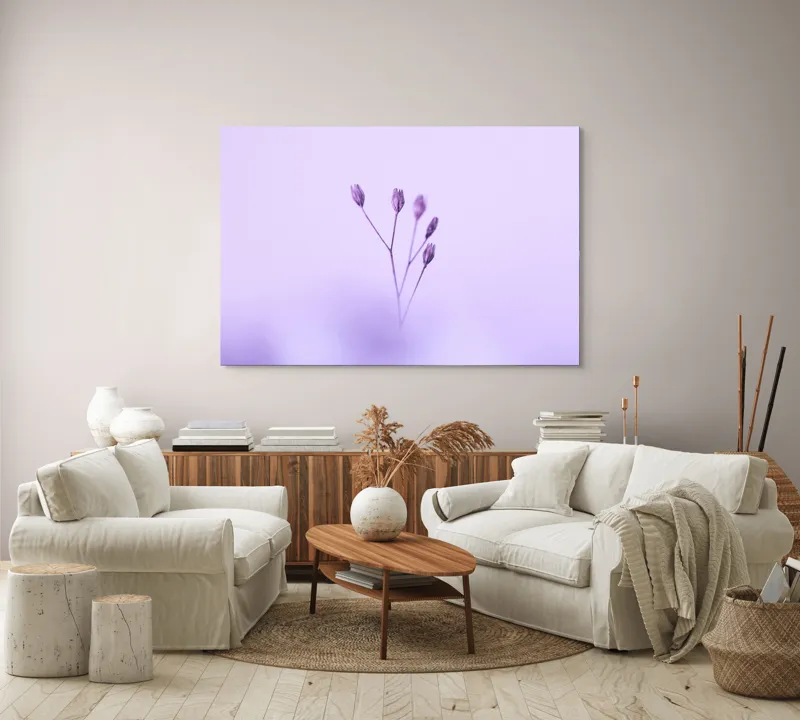 Tablou Canvas, "Dansul delicat al florilor mov", Plante, Subtil, Delicat, Pastel, Liniște, Minimalism, Fragilitate, Natură, 150 x 100 cm – poza 3