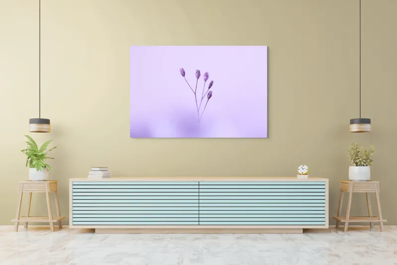 Tablou Canvas, "Dansul delicat al florilor mov", Plante, Subtil, Delicat, Pastel, Liniște, Minimalism, Fragilitate, Natură, 150 x 100 cm – poza 6