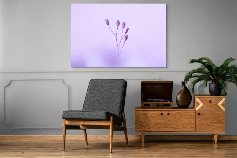 Tablou Canvas, "Dansul delicat al florilor mov", Plante, Subtil, Delicat, Pastel, Liniște, Minimalism, Fragilitate, Natură, 150 x 100 cm – poza 8