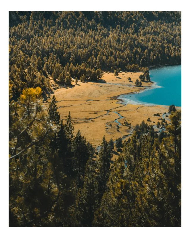 Tablou Canvas, "Pădurea tăcută lângă lac albastru", Pădure, Lac, Toamnă, Munți, Peisaj, Apă, Natură, Culori, Râu, Lumină, 70 x 100 cm