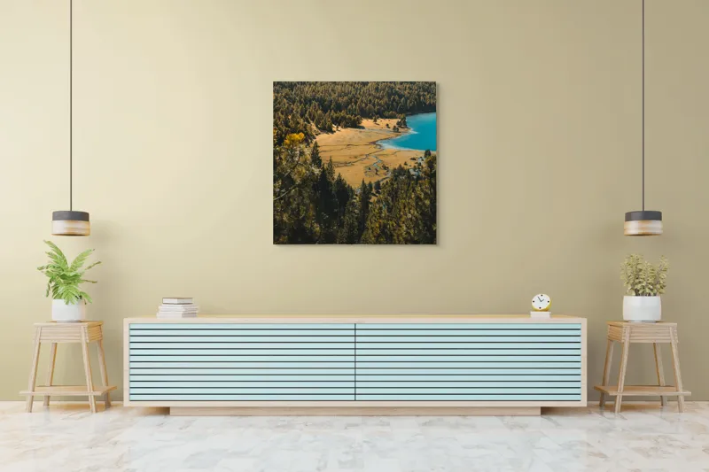 Tablou Canvas, "Pădurea tăcută lângă lac albastru", Pădure, Lac, Toamnă, Munți, Peisaj, Apă, Natură, Culori, Râu, Lumină, 100 x 100 cm – poza 5