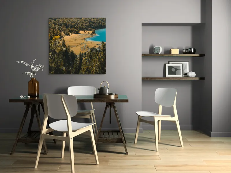Tablou Canvas, "Pădurea tăcută lângă lac albastru", Pădure, Lac, Toamnă, Munți, Peisaj, Apă, Natură, Culori, Râu, Lumină, 100 x 100 cm – poza 6