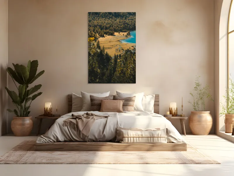 Tablou Canvas, "Pădurea tăcută lângă lac albastru", Pădure, Lac, Toamnă, Munți, Peisaj, Apă, Natură, Culori, Râu, Lumină, 100 x 150 cm – poza 3