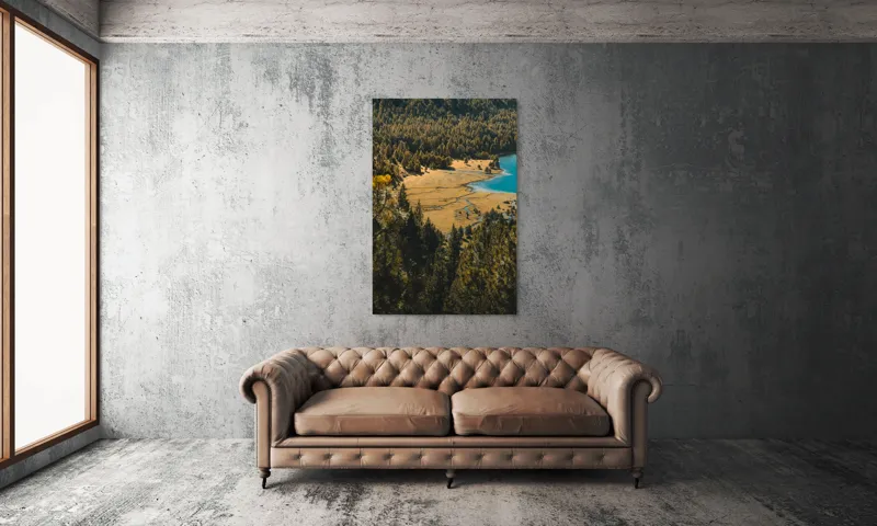 Tablou Canvas, "Pădurea tăcută lângă lac albastru", Pădure, Lac, Toamnă, Munți, Peisaj, Apă, Natură, Culori, Râu, Lumină, 100 x 150 cm – poza 6