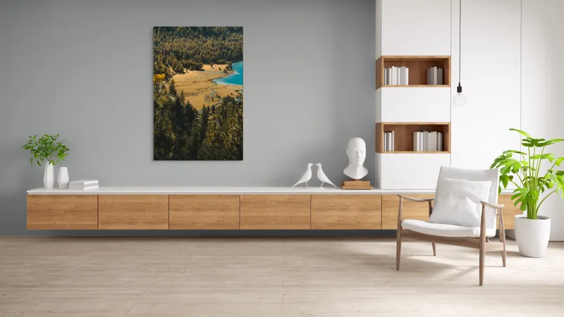 Tablou Canvas, "Pădurea tăcută lângă lac albastru", Pădure, Lac, Toamnă, Munți, Peisaj, Apă, Natură, Culori, Râu, Lumină, 100 x 150 cm – poza 8