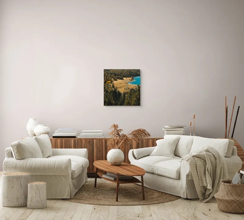 Tablou Canvas, "Pădurea tăcută lângă lac albastru", Pădure, Lac, Toamnă, Munți, Peisaj, Apă, Natură, Culori, Râu, Lumină, 50 x 50 cm – poza 7