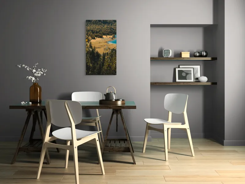Tablou Canvas, "Pădurea tăcută lângă lac albastru", Pădure, Lac, Toamnă, Munți, Peisaj, Apă, Natură, Culori, Râu, Lumină, 50 x 90 cm – poza 4
