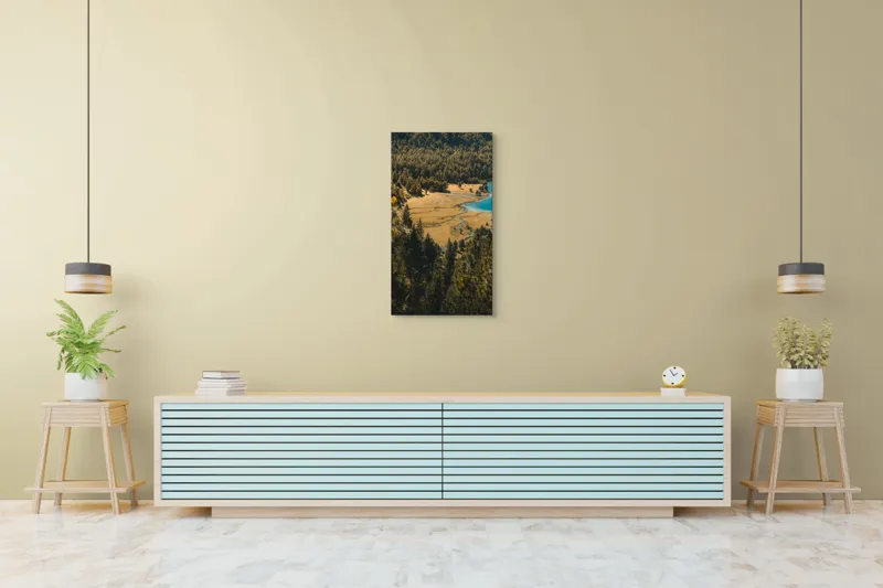 Tablou Canvas, "Pădurea tăcută lângă lac albastru", Pădure, Lac, Toamnă, Munți, Peisaj, Apă, Natură, Culori, Râu, Lumină, 50 x 90 cm – poza 6