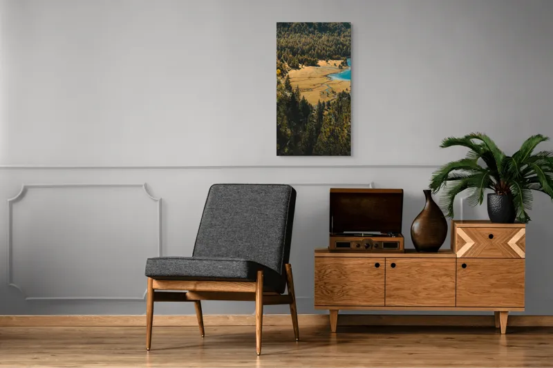 Tablou Canvas, "Pădurea tăcută lângă lac albastru", Pădure, Lac, Toamnă, Munți, Peisaj, Apă, Natură, Culori, Râu, Lumină, 50 x 90 cm – poza 8