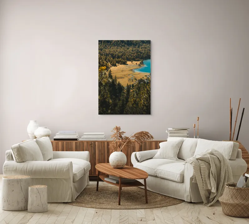 Tablou Canvas, "Pădurea tăcută lângă lac albastru", Pădure, Lac, Toamnă, Munți, Peisaj, Apă, Natură, Culori, Râu, Lumină, 70 x 100 cm – poza 4