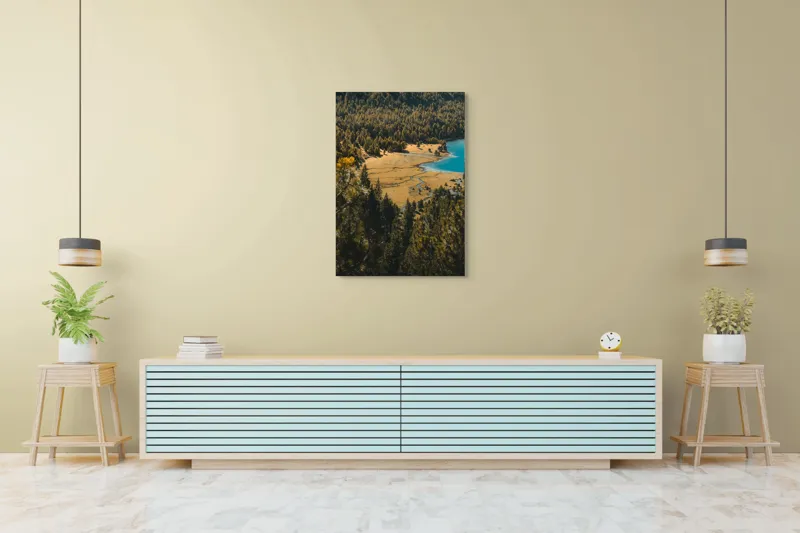 Tablou Canvas, "Pădurea tăcută lângă lac albastru", Pădure, Lac, Toamnă, Munți, Peisaj, Apă, Natură, Culori, Râu, Lumină, 70 x 100 cm – poza 5