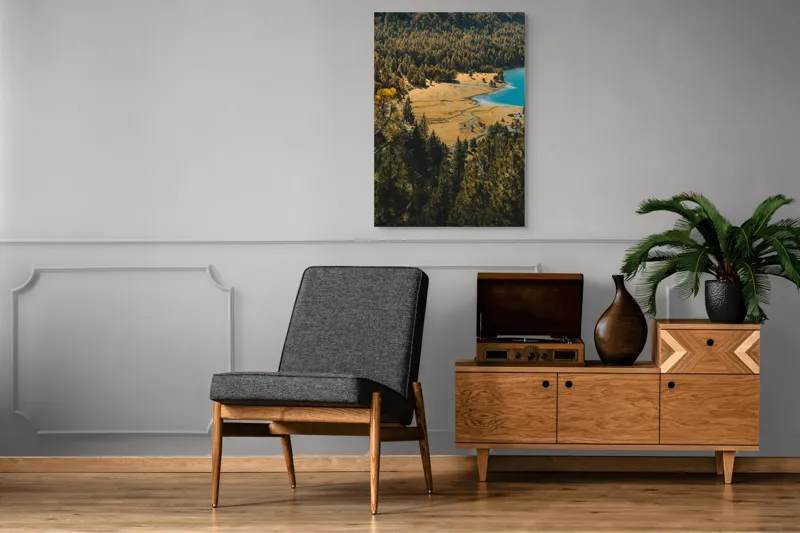 Tablou Canvas, "Pădurea tăcută lângă lac albastru", Pădure, Lac, Toamnă, Munți, Peisaj, Apă, Natură, Culori, Râu, Lumină, 70 x 100 cm – poza 6
