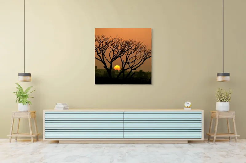 Tablou Canvas, "Apus de soare prin crengile copacilor", Trunchi, Crepuscul, Siluetă, Clădiri, Sferă, Cer, Portocaliu, Ramuri, Orizont, Contrast, 100 x 100 cm – poza 5