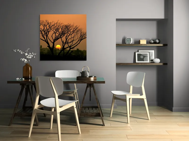 Tablou Canvas, "Apus de soare prin crengile copacilor", Trunchi, Crepuscul, Siluetă, Clădiri, Sferă, Cer, Portocaliu, Ramuri, Orizont, Contrast, 100 x 100 cm – poza 6