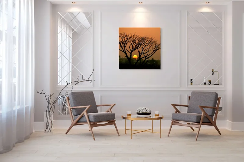 Tablou Canvas, "Apus de soare prin crengile copacilor", Trunchi, Crepuscul, Siluetă, Clădiri, Sferă, Cer, Portocaliu, Ramuri, Orizont, Contrast, 100 x 100 cm – poza 7