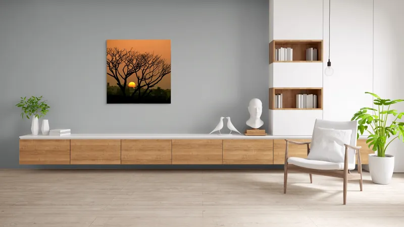 Tablou Canvas, "Apus de soare prin crengile copacilor", Trunchi, Crepuscul, Siluetă, Clădiri, Sferă, Cer, Portocaliu, Ramuri, Orizont, Contrast, 100 x 100 cm – poza 8