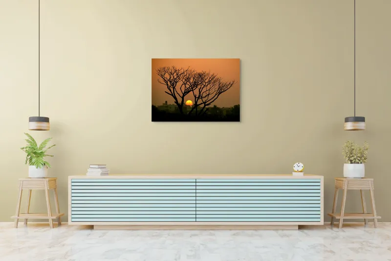 Tablou Canvas, "Apus de soare prin crengile copacilor", Trunchi, Crepuscul, Siluetă, Clădiri, Sferă, Cer, Portocaliu, Ramuri, Orizont, Contrast, 100 x 70 cm – poza 4