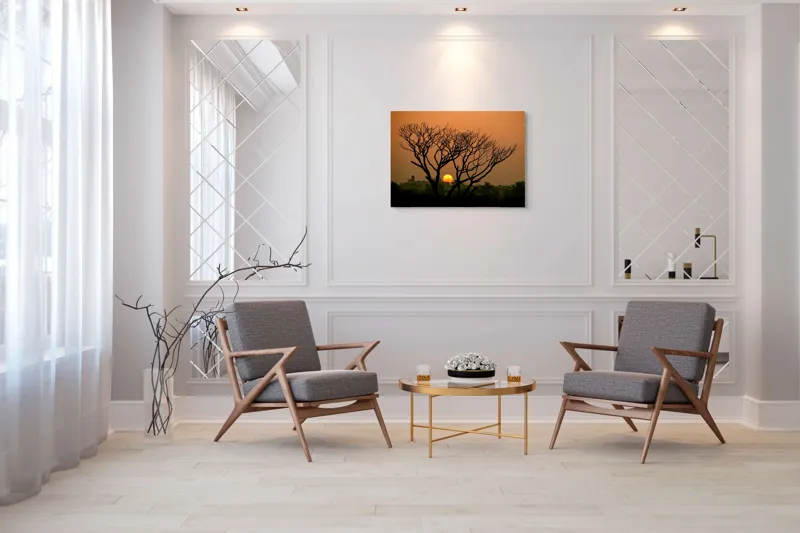 Tablou Canvas, "Apus de soare prin crengile copacilor", Trunchi, Crepuscul, Siluetă, Clădiri, Sferă, Cer, Portocaliu, Ramuri, Orizont, Contrast, 100 x 70 cm – poza 5