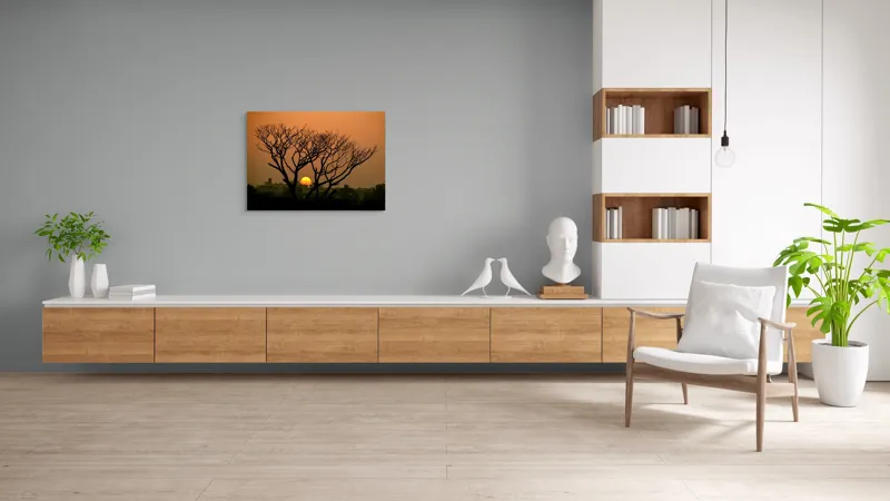Tablou Canvas, "Apus de soare prin crengile copacilor", Trunchi, Crepuscul, Siluetă, Clădiri, Sferă, Cer, Portocaliu, Ramuri, Orizont, Contrast, 100 x 70 cm – poza 6