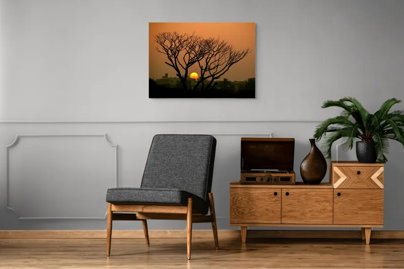 Tablou Canvas, "Apus de soare prin crengile copacilor", Trunchi, Crepuscul, Siluetă, Clădiri, Sferă, Cer, Portocaliu, Ramuri, Orizont, Contrast, 100 x 70 cm – poza 8
