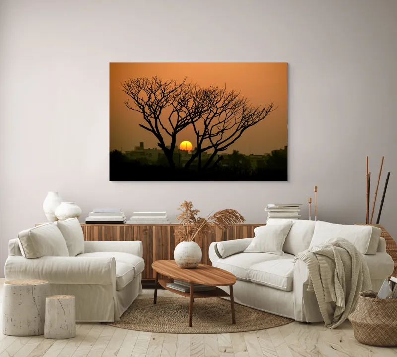 Tablou Canvas, "Apus de soare prin crengile copacilor", Trunchi, Crepuscul, Siluetă, Clădiri, Sferă, Cer, Portocaliu, Ramuri, Orizont, Contrast, 150 x 100 cm – poza 3