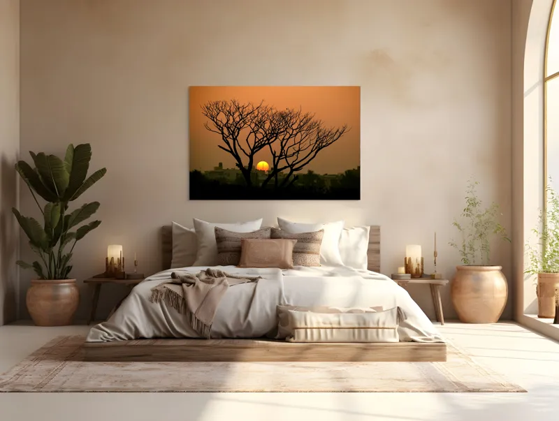 Tablou Canvas, "Apus de soare prin crengile copacilor", Trunchi, Crepuscul, Siluetă, Clădiri, Sferă, Cer, Portocaliu, Ramuri, Orizont, Contrast, 150 x 100 cm – poza 4
