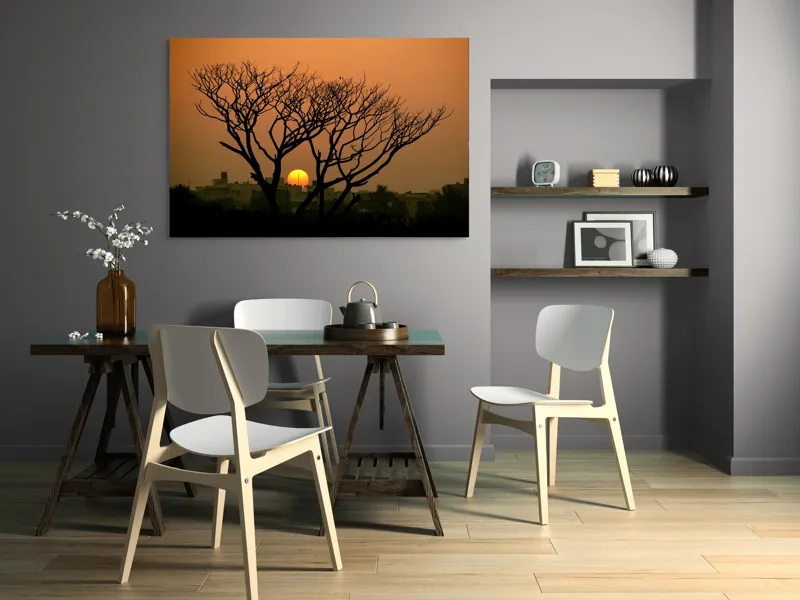 Tablou Canvas, "Apus de soare prin crengile copacilor", Trunchi, Crepuscul, Siluetă, Clădiri, Sferă, Cer, Portocaliu, Ramuri, Orizont, Contrast, 150 x 100 cm – poza 5