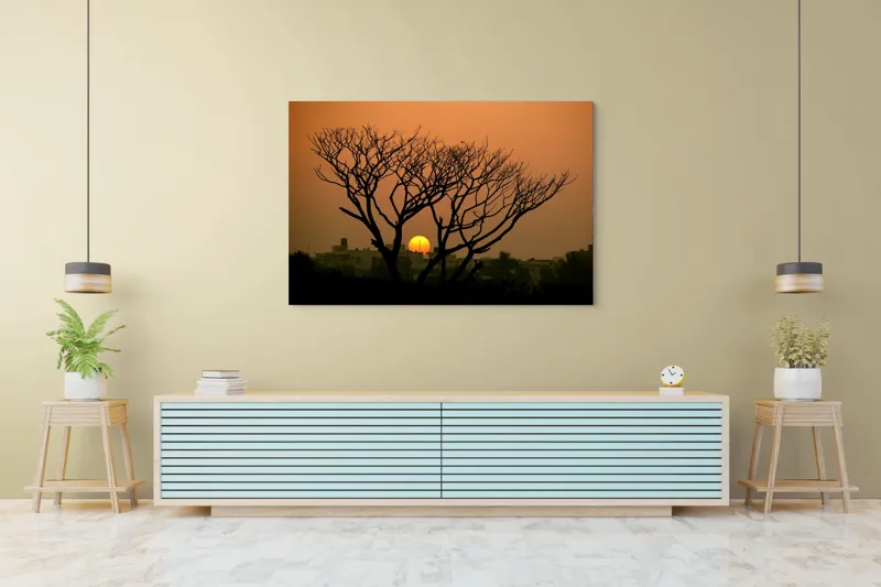 Tablou Canvas, "Apus de soare prin crengile copacilor", Trunchi, Crepuscul, Siluetă, Clădiri, Sferă, Cer, Portocaliu, Ramuri, Orizont, Contrast, 150 x 100 cm – poza 6