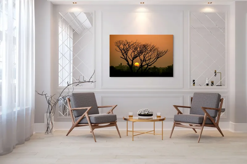 Tablou Canvas, "Apus de soare prin crengile copacilor", Trunchi, Crepuscul, Siluetă, Clădiri, Sferă, Cer, Portocaliu, Ramuri, Orizont, Contrast, 150 x 100 cm – poza 7