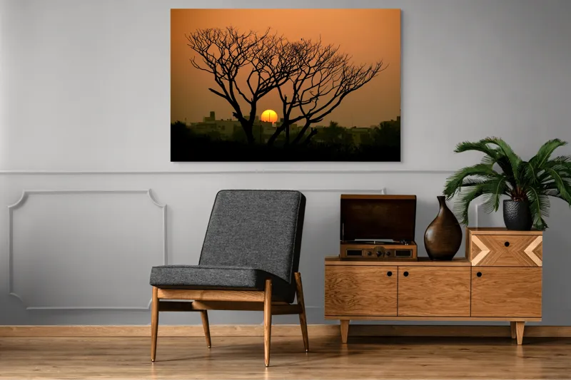 Tablou Canvas, "Apus de soare prin crengile copacilor", Trunchi, Crepuscul, Siluetă, Clădiri, Sferă, Cer, Portocaliu, Ramuri, Orizont, Contrast, 150 x 100 cm – poza 8
