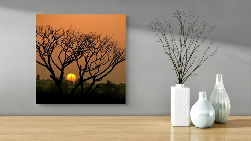 Tablou Canvas, "Apus de soare prin crengile copacilor", Trunchi, Crepuscul, Siluetă, Clădiri, Sferă, Cer, Portocaliu, Ramuri, Orizont, Contrast, 50 x 50 cm – poza 3