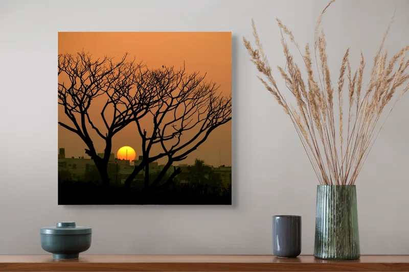 Tablou Canvas, "Apus de soare prin crengile copacilor", Trunchi, Crepuscul, Siluetă, Clădiri, Sferă, Cer, Portocaliu, Ramuri, Orizont, Contrast, 50 x 50 cm – poza 4