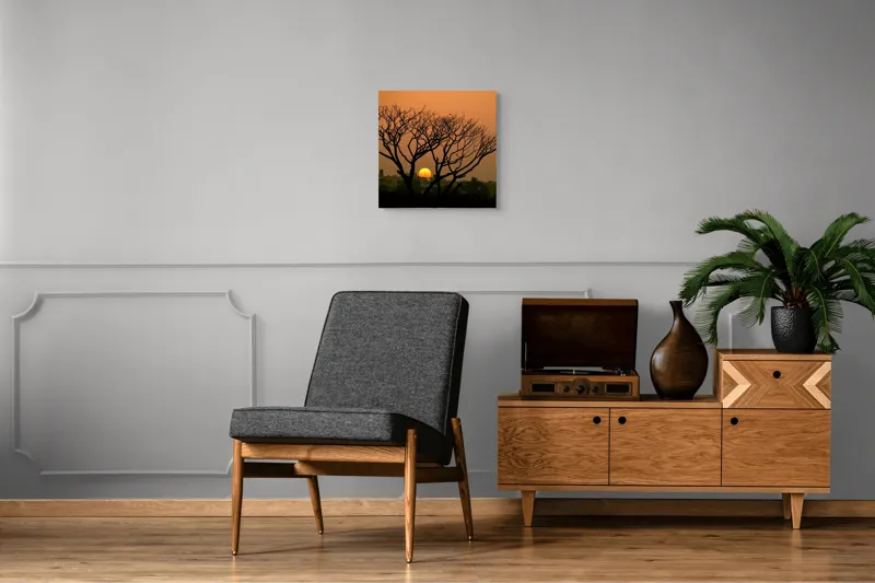 Tablou Canvas, "Apus de soare prin crengile copacilor", Trunchi, Crepuscul, Siluetă, Clădiri, Sferă, Cer, Portocaliu, Ramuri, Orizont, Contrast, 50 x 50 cm – poza 6