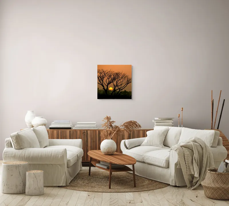 Tablou Canvas, "Apus de soare prin crengile copacilor", Trunchi, Crepuscul, Siluetă, Clădiri, Sferă, Cer, Portocaliu, Ramuri, Orizont, Contrast, 50 x 50 cm – poza 7