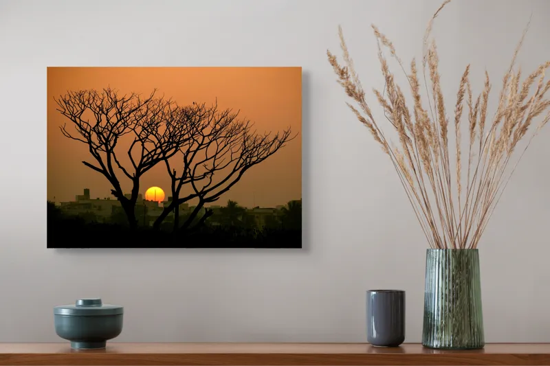 Tablou Canvas, "Apus de soare prin crengile copacilor", Trunchi, Crepuscul, Siluetă, Clădiri, Sferă, Cer, Portocaliu, Ramuri, Orizont, Contrast, 54 x 39 cm – poza 4