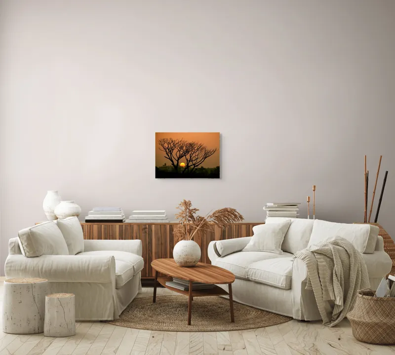 Tablou Canvas, "Apus de soare prin crengile copacilor", Trunchi, Crepuscul, Siluetă, Clădiri, Sferă, Cer, Portocaliu, Ramuri, Orizont, Contrast, 54 x 39 cm – poza 5
