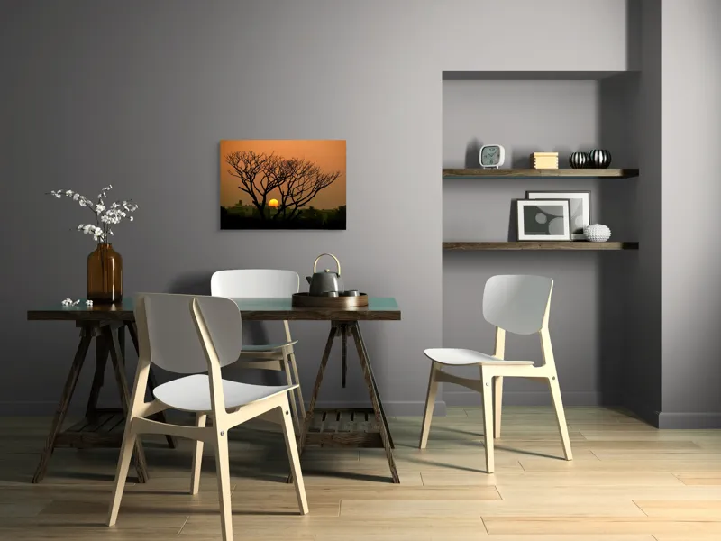 Tablou Canvas, "Apus de soare prin crengile copacilor", Trunchi, Crepuscul, Siluetă, Clădiri, Sferă, Cer, Portocaliu, Ramuri, Orizont, Contrast, 70 x 50 cm – poza 5