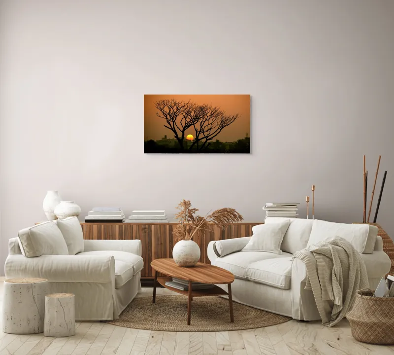 Tablou Canvas, "Apus de soare prin crengile copacilor", Trunchi, Crepuscul, Siluetă, Clădiri, Sferă, Cer, Portocaliu, Ramuri, Orizont, Contrast, 90 x 50 cm – poza 4