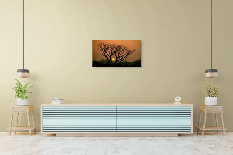 Tablou Canvas, "Apus de soare prin crengile copacilor", Trunchi, Crepuscul, Siluetă, Clădiri, Sferă, Cer, Portocaliu, Ramuri, Orizont, Contrast, 90 x 50 cm – poza 5