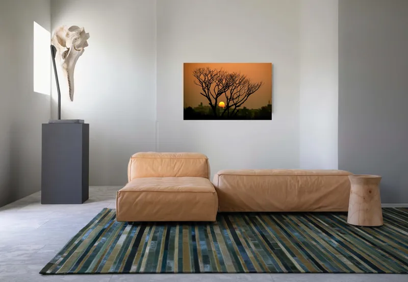 Tablou Canvas, "Apus de soare prin crengile copacilor", Trunchi, Crepuscul, Siluetă, Clădiri, Sferă, Cer, Portocaliu, Ramuri, Orizont, Contrast, 90 x 50 cm – poza 8