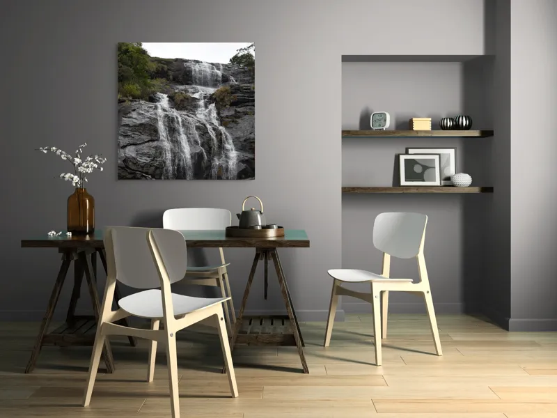 Tablou Canvas, "Căderea apei pe stânci negre", Cascadă, Stânci, Apă, Vegetație, Natură, Pădure, Flux, Roci, Peisaj, Verdeață, 100 x 100 cm – poza 6