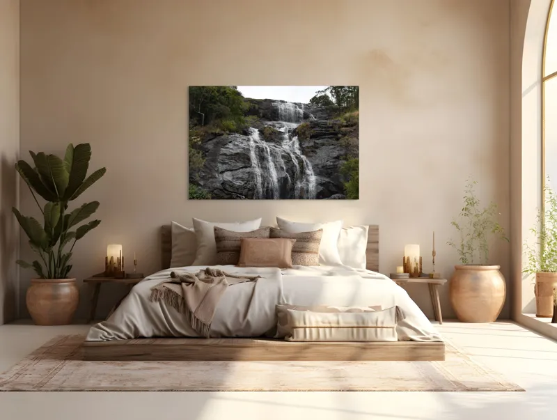Tablou Canvas, "Căderea apei pe stânci negre", Cascadă, Stânci, Apă, Vegetație, Natură, Pădure, Flux, Roci, Peisaj, Verdeață, 150 x 100 cm – poza 4