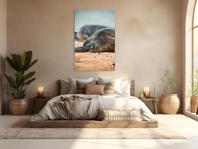 Tablou Canvas, "Bătrânețea liniștită a țestoaselor marine", Broască Țestoasă, Plajă, Relaxare, Natură, Nisip, Apă, Sălbăticie, 100 x 150 cm – poza 3