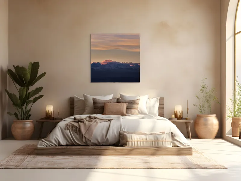 Tablou Canvas, "Apus de soare peste munți înzăpeziți", Nor, Munte, Amurg, Cer, Siluetă, Culoare, Lumină, Peisaj, Liniște, Întuneric, 100 x 100 cm – poza 4