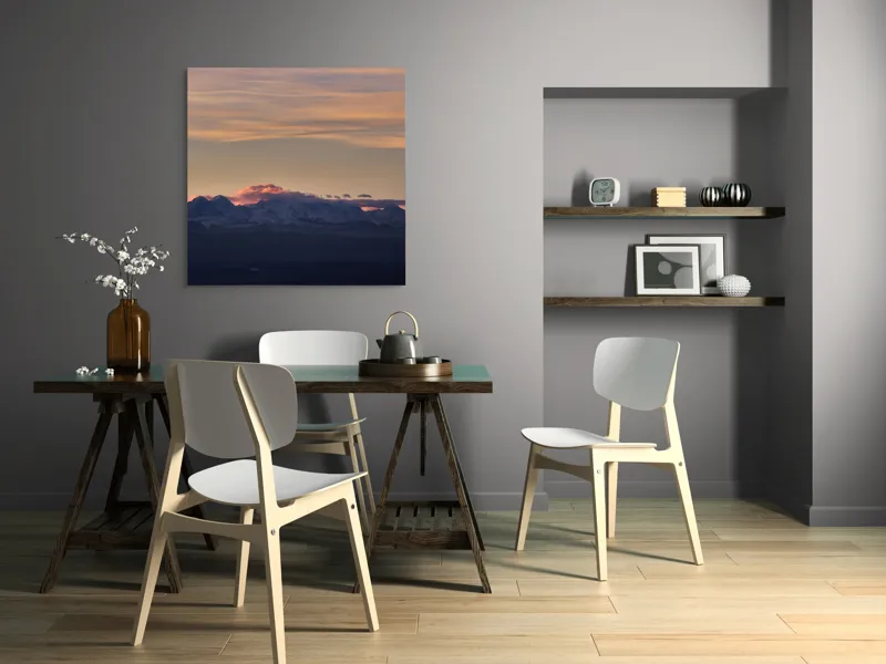 Tablou Canvas, "Apus de soare peste munți înzăpeziți", Nor, Munte, Amurg, Cer, Siluetă, Culoare, Lumină, Peisaj, Liniște, Întuneric, 100 x 100 cm – poza 6