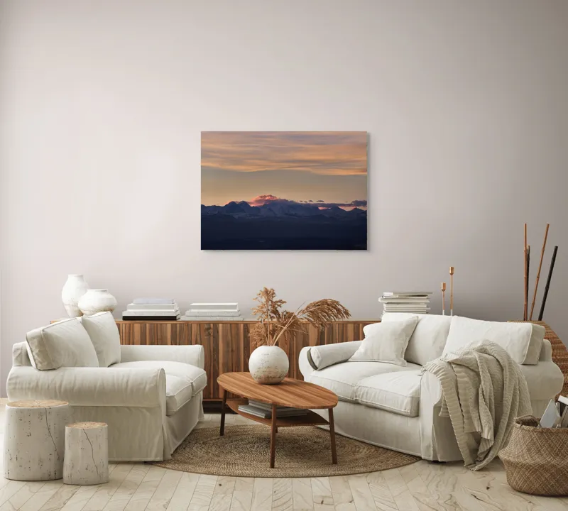 Tablou Canvas, "Apus de soare peste munți înzăpeziți", Nor, Munte, Amurg, Cer, Siluetă, Culoare, Lumină, Peisaj, Liniște, Întuneric, 100 x 70 cm – poza 3