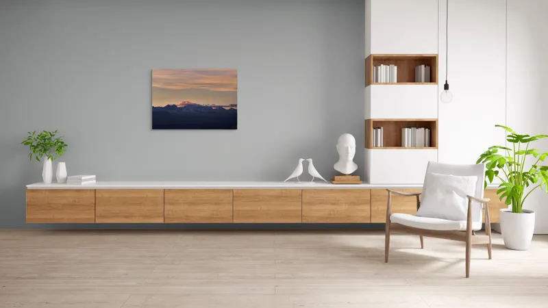 Tablou Canvas, "Apus de soare peste munți înzăpeziți", Nor, Munte, Amurg, Cer, Siluetă, Culoare, Lumină, Peisaj, Liniște, Întuneric, 100 x 70 cm – poza 6
